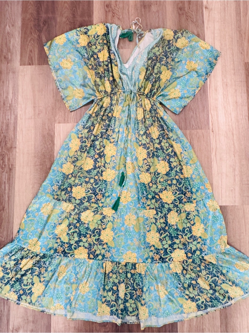 Floral Blue, Lime Green & Yellow Maxi Dress - Lightweight Summer Dress - Picture 8 of 8